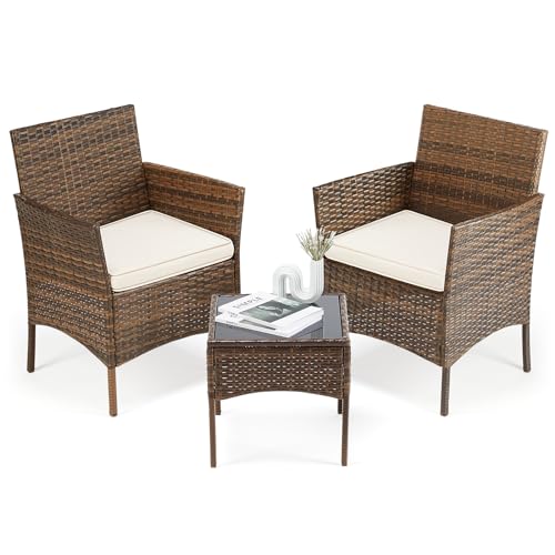 DUMOS Rattan Gartenmöbel Set, Wasserfest und Atmungsaktiv Terrassenmöbel, Balkonmöbel mit 2 Armlehnstühlen, 2-Personen-Möbelsets, Balkon Möbel Geeignet für Balkon, Garten, Hinterhof, Pool (Braun) von DUMOS