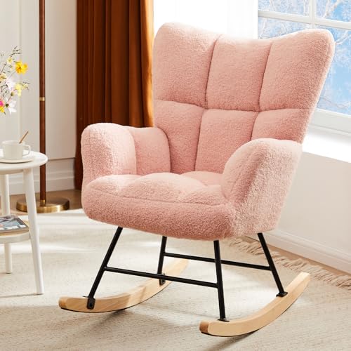 DUMOS Schaukelstuhl, Teddy-gepolsterter Sessel mit Hoher Rückenlehne, Moderner Stil Schminktisch Stuhl, Komfortabler Rückenlese-Ohrensessel, geeignet für Wohnzimmer, Schlafzimmer (Rosa) von DUMOS