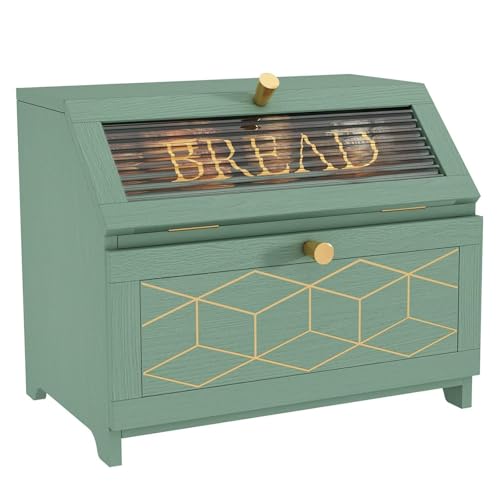 DUMRALBQE Brotkasten Aufbewahrungsbox aus Holz for Brot, Obst, Küche, Lebensmittelschrank zur Aufbewahrung Frisch halten(Grün) von DUMRALBQE
