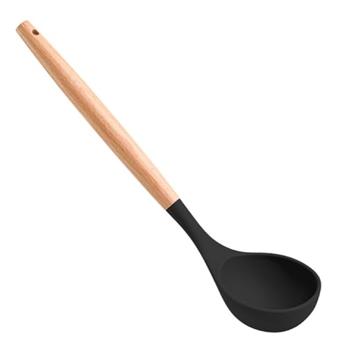Suppenlöffel Lange Silikonlöffel mit Holzgriff for den Haushalt für Kochen in der Küche(Black) von DUMRALBQE