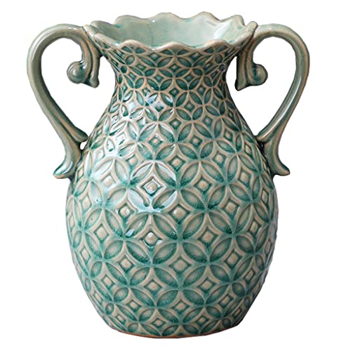 DUNAKE Blumenvase Keramik, Keramik Vase Modern, Mit Ohrgriffen, Dekorative Vase Für Blumen Klein Für Wohnzimmer/Büro/Mittelstück/Hochzeitsdekoration (Color : Green) von DUNAKE