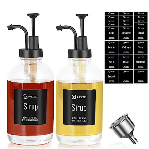 DUNSOO Kaffee Sirup Spender Set | 2 x 500 ml Sirup Pumpspender mit 24 Aufkleber,1Trichter aus Rostfreiem Stahl | Ölflasche mit Ausgießer für Küche (Black/500ml) von DUNSOO