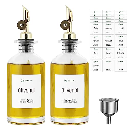 DUNSOO Olivenöl Flasche Set, 350ml x 2 Ölflasche, Automatisches Öffnen und Schließen Öl und Essigspender Set mit 24 Aufkleber Trichter (Gold/350ml) von DUNSOO