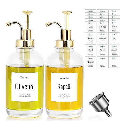 DUNSOO Olivenöl Flasche Set | 2x500ml Öl und Essigspender für Küche | Essig und Ölflaschen Set mit 24 Aufklebe,1Trichter aus Edelstahl (Gold/500ml) von DUNSOO