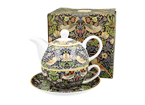 DUO ART GALLERY Tasse mit Teekanne STRAWBERRY THIEF BLUE New Bone China Porzellan von DUO