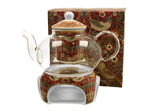 DUO ART GALLERY Teekanne 1000 ml STRAWBERRY THIEF RED mit Stövchen, Glas - New Bone China Porzellan von Duo