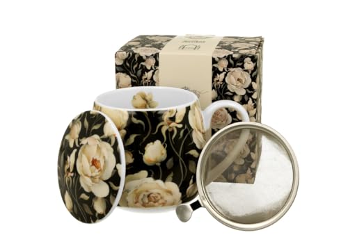 DUO FLORAL Fassbecher 430 ml ENGLISH ROSES BLACK mit Teesieb, New Bone China Porzellan von Duo