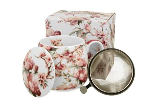 DUO FLORAL Fassbecher 430 ml NOEMI WHITE mit Teesieb, New Bone China Porzellan von DUO