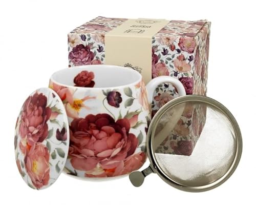 DUO FLORAL Fassbecher 430 ml SPRING ROSES WHITE mit Teesieb, New Bone China Porzellan von DUO