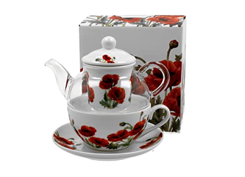 DUO FLORAL Tasse mit Teekanne CLASSIC POPPIES Glas - New Bone China Porzellan von Duo