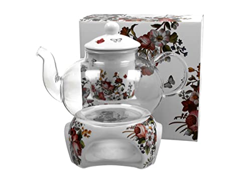 DUO FLORAL Teekanne 1000 ml VINTAGE FLOWERS WHITE mit Stövchen, Glas - New Bone China Porzellan von DUO