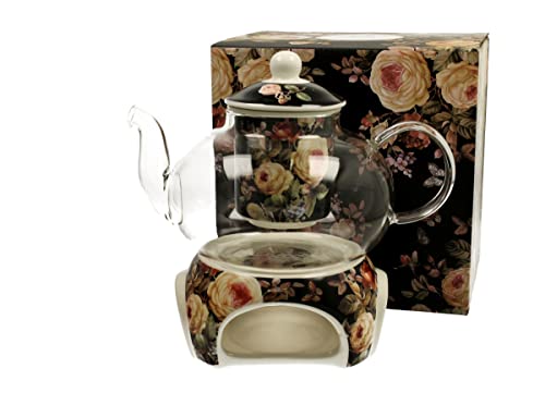 DUO FLORAL Teekanne 1000 ml WARDA mit Stövchen, Glas - New Bone China Porzellan von Duo