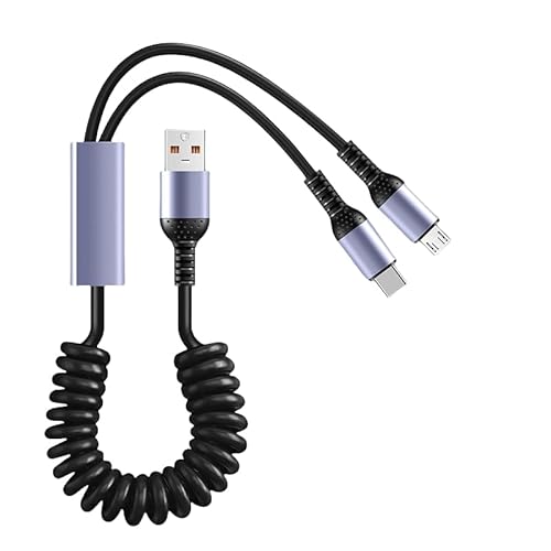 USB Typ A auf Typ C 66W Schnellladekabel, 6A Auto Feder Datenkabel 2-in-1 ausziehbares Kabel für Xiaomi Huawei (USB A zu Micro C + USB C) von DUOBAGMA