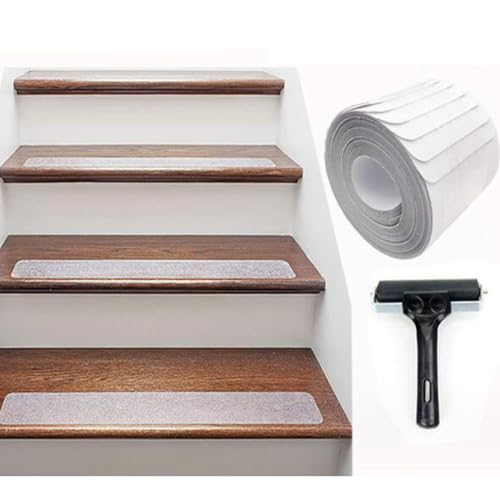 Antirutschstreifen Treppe Set Transparente Treppenteppich wasserfeste Treppenstufen Matten Selbstklebende Stufenteppich mit Installationsrolle Stufenmatten (15 x 60cm(15 pcs)) von DUOJIN