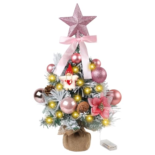 DUOJIN Beflockter Weihnachtsbaum mit LED-Licht, 45 cm Mini Weihnachtsbaum beflockt Kleiner Weihnachtsbaum Farbe Rosa Weihnachtsdekoration Bastelbedarf für Tisch und Büro von DUOJIN