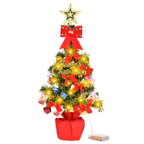 DUOJIN Künstlicher Weihnachtsbaum mit LED-Lichterkette, 55 cm, Mini-Tisch-Weihnachtsbaum, Kleiner Weihnachtsbaum mit Topf, rotem Tuch und Ornamenten, Weihnachtsdekoration für Tisch und Büro von DUOJIN