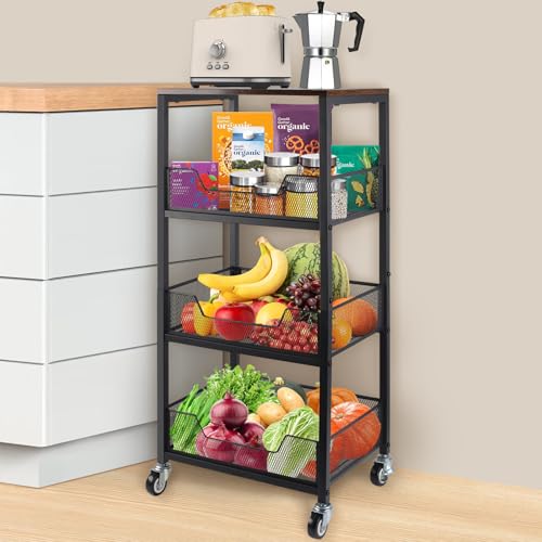 DUOJIN Obstkorb Küchenwagen, 4-Tier Rolllagerwagen mit Rädern,mit Holz Top und Schublade Draht Körbe für Zwiebeln Kartoffeln Snacks, schwarz von DUOJIN