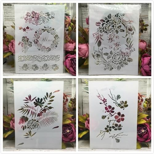 Schablonen zum Malen an Wänden, A4, 29 cm, Blumengirlande, Korb, wiederverwendbar, Zeichnen, Malen, Basteln, Vorlagen für Wandpapier, Kunst, Scrapbooking, Heimdekoration, 4 Stück Schablonen zum Malen an Wänden, A4, 29 cm, Blumengirlande, Korb, wiederverwendbar, Zeichnen, Malen, Basteln, Vorlagen für Wandpapier, Kunst, Scrapbooking, Heimdekoration, 4 Stück von DUOLAIYUNSO