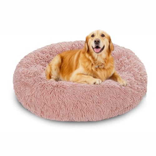 Beruhigende Hundebetten, waschbar, Donut-Hundebetten, orthopädische, runde Haustier-Sofa-Matte mit rutschfester Unterseite, gemütliche Haustier-Matratze, große Größe (70 x 70 x 20 cm, Rosa) von DUOLEH