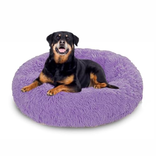 Beruhigendes Anti-Angst-Hundebett, rund, orthopädisches Donut-Hundebett, Plüsch-Matratze, rutschfeste Unterseite, Haustierkorb, warmes Kätzchen-Welpennest (60 x 60 x 20 cm, Violett) von DUOLEH