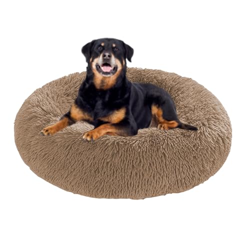 Beruhigendes Anti-Angst-Hundebett, rund, orthopädisches Donut-Hundebett, Plüsch-Matratze, rutschfeste Unterseite, Haustierkorb, warmes Kätzchen-Welpennest (70 x 70 x 20 cm, Khaki) von DUOLEH