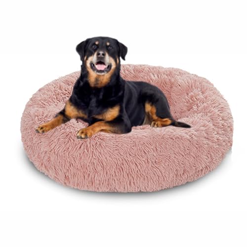 Beruhigendes Anti-Angst-Hundebett, rund, orthopädisches Donut-Hundebett, Plüsch-Matratze, rutschfeste Unterseite, Haustierkorb, warmes Kätzchen-Welpennest (70 x 70 x 20 cm, Rosa) von DUOLEH