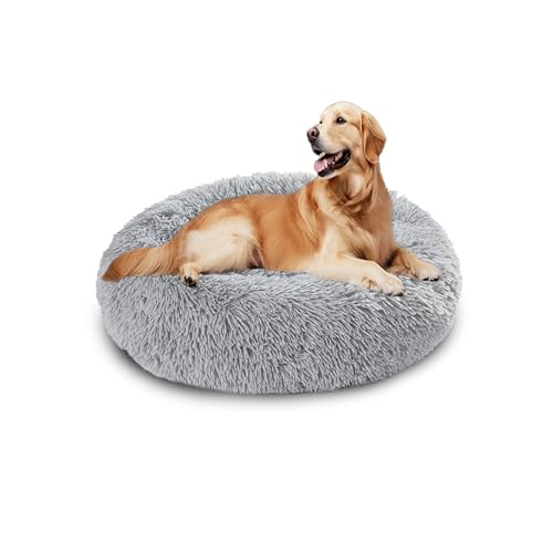 Beruhigendes Donut-Hundebett, flauschiges Hundebett, rund, Plüsch, Anti-Angstzustände, Donut-Kuschel-Matratze, warmes Donut-Kissen mit rutschfester Unterseite, waschbar (60 x 60 x 20 cm, Hellgrau) von DUOLEH
