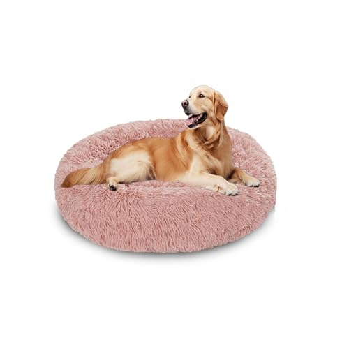 Beruhigendes Donut-Hundebett, flauschiges Hundebett, rund, Plüsch, Anti-Angstzustände, Donut-Kuschel-Matratze, warmes Donut-Kissen mit rutschfester Unterseite, waschbar (60 x 60 x 20 cm, Rosa) von DUOLEH
