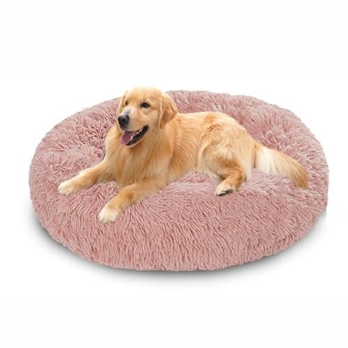 Beruhigendes Hundebett, flauschiger Plüsch, rund, Anti-Angst-Hundekorb, waschbar, rutschfest, Donut-Kissen, warmes Kätzchennest, mittelgroßes/großes Haustierkissen (60 x 60 x 20 cm, Rosa) von DUOLEH
