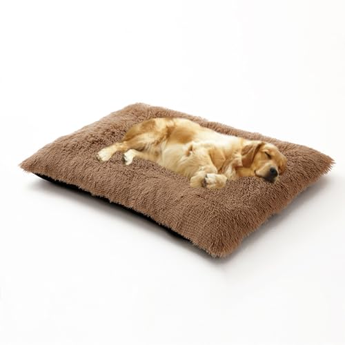 DUOLEH Großes Hundebett, flauschig, beruhigend, Anti-Angst, waschbar, Haustiermatratze mit rutschfester Unterseite, Haustierbett-Kissen für Welpen und Katzen (65 x 48 x 8 cm, Khaki) von DUOLEH