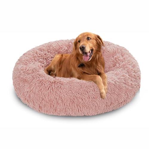 Donut-Betten für Hunde, beruhigendes Hundebett, rundes Plüschkissen mit rutschfester Unterseite, waschbare Haustiermatratze, warmes Kätzchennest (100 x 100 x 20 cm, Rosa) von DUOLEH