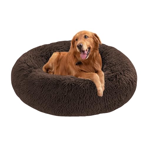 Donut-Betten für Hunde, beruhigendes Hundebett, rundes Plüschkissen mit rutschfester Unterseite, waschbare Haustiermatratze, warmes Kätzchennest (80 x 80 x 20 cm, Braun) von DUOLEH