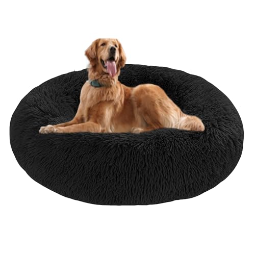 Donut-Hundebett, groß, rund, beruhigendes Hundebett gegen Angst, mit rutschfester Unterseite, waschbare Haustiermatratze, wärmendes Donut-Kuschelkissen, waschbar, 70 x 70 x 20 cm, Schwarz von DUOLEH