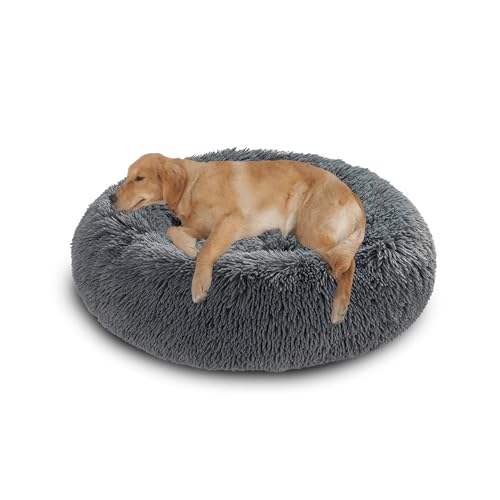 Orthopädisches großes Hundebett, waschbar, warm, beruhigend, flauschig, Anti-Angst-Matratze, runde Katzenmatte mit rutschfester Unterseite (100 x 100 x 20 cm, Dunkelgrau) von DUOLEH