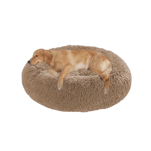 Orthopädisches großes Hundebett, waschbar, warm, beruhigend, flauschig, Anti-Angst-Matratze, runde Katzenmatte mit rutschfester Unterseite (80 x 80 x 20 cm, Khaki) von DUOLEH