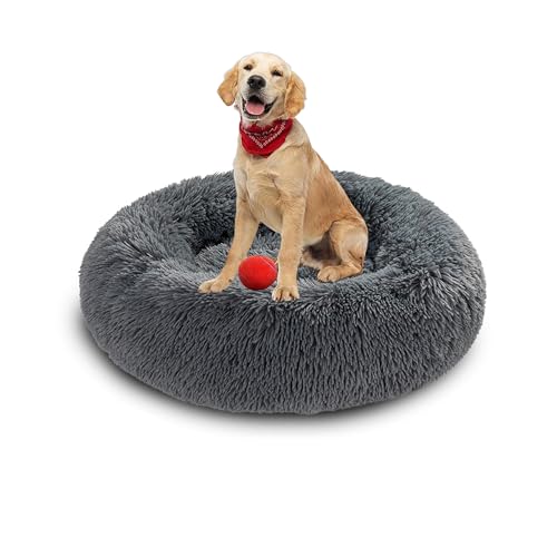Plüsch-Donut-Kuschel-Hundebett, rund, waschbar, Anti-Angstzustände, flauschiges Haustierkissen, rutschfest, mittelgroß, weich, warm (110 x 110 x 20 cm, Dunkelgrau) von DUOLEH