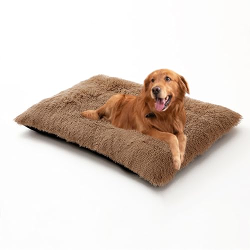 Verdickte Hundebox-Matratze, flauschiges, beruhigendes Hundebett, groß, Anti-Angst-Haustierkissen mit rutschfester Unterseite, waschbar, abnehmbar, warm (100 x 70 x 10 cm, Khaki) von DUOLEH