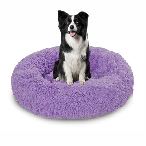 Waschbare Anti-Angst-Hundebetten für den Innenbereich, beruhigendes Hundebett, flauschiger Plüsch, runde Kuschelmatratze, wärmendes Donut-Kissen mit rutschfester Unterseite (60 x 60 x 20 cm, Lila) von DUOLEH