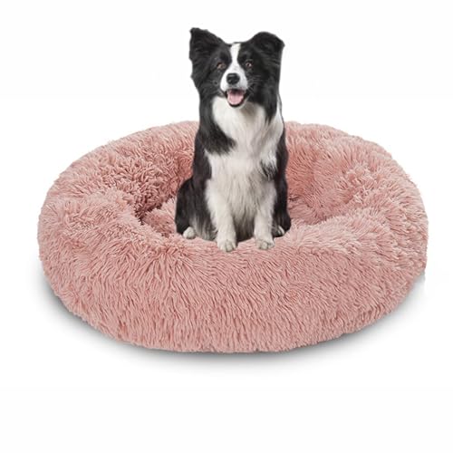 Waschbare Anti-Angst-Hundebetten für den Innenbereich, beruhigendes Hundebett, flauschiger Plüsch, runde Kuschelmatratze, wärmendes Donut-Kissen mit rutschfester Unterseite (60 x 60 x 20 cm, Rosa) von DUOLEH