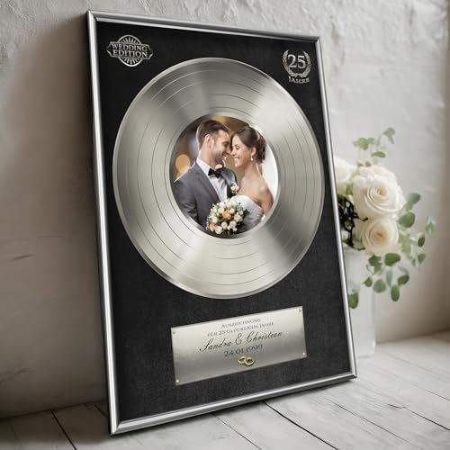 DUOMIO Geschenk für silberne Hochzeit/Goldene Schallplatte personalisiert inklusive edlem Rahmen | Größe, Design, Hintergrundfarbe frei-wählbar| High-Quality Druck von DUOMIO