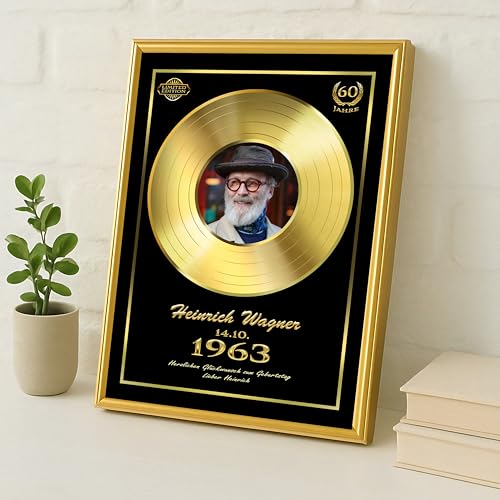DUOMIO Goldene Schallplatte personalisiert inklusive edlem Rahmen | 3 Größen, Design, Hintergrundfarbe frei-wählbar| High-Quality Druck von DUOMIO