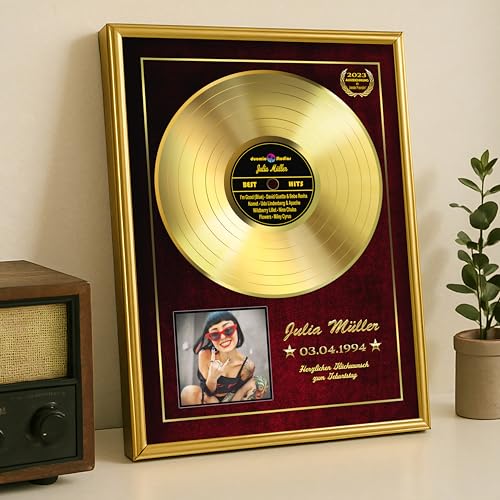DUOMIO Goldene Schallplatte personalisiert inklusive edlem Rahmen | 3 Größen, Design, Hintergrundfarbe frei-wählbar| High-Quality Druck (Musik) von DUOMIO