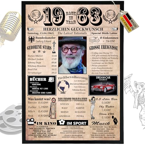 DUOMIO Zum 62. Geburtstag | 1963 – 6 Felder PERSONALISIERBAR! Back in Year 1963 – Jahreschronik zum 62. Geburtstag für Frauen & Männer – Ausdruck auf 400g/qm Premium Papier von DUOMIO