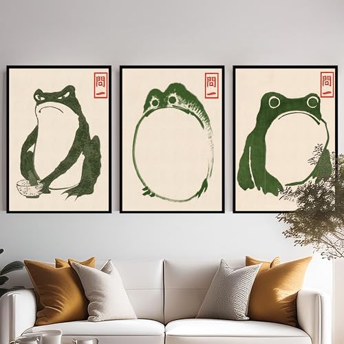Matsumoto Hoji Frosch Poster 3er Set – DIN A2 mit Rahmen – Wabi Sabi Wandkunst Vintage Deko Japanische Ästhetik fürs Zuhause von DUOMIO