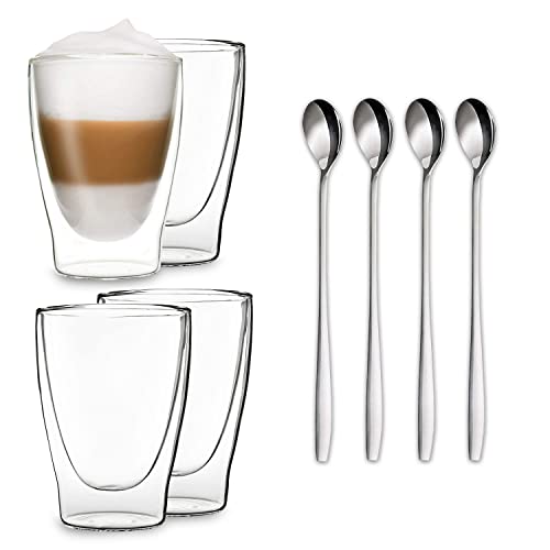 DUOS® Latte Macchiato Gläser 4x 400ml + 4x Löffel, Cappuccino Tassen, Eiskaffee Doppelwandige Kaffeegläser, Cappuccino Gläser von DUOS