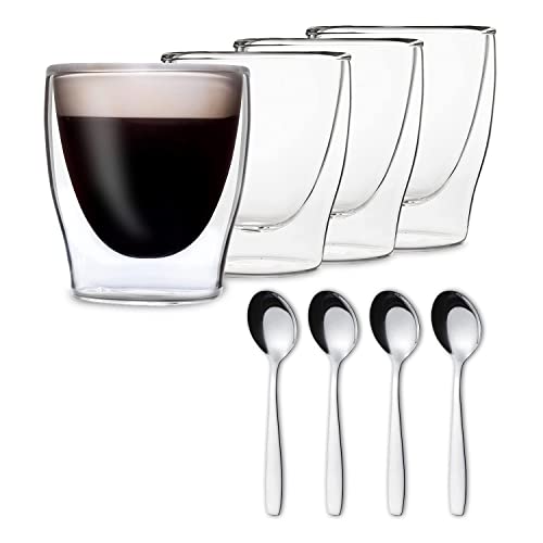 DUOS® Espressotassen Set 4x 80ml + 4x Löffel - Espresso Gläser, Espresso Tassen, Doppelwandige Gläser, Espressotasse, Espressotassen Glas, Thermogläser Doppelwandig Latte Macchiato Gläser Doppelwandig von DUOS