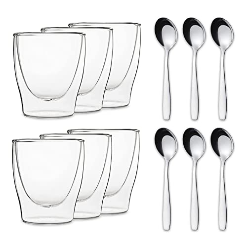 DUOS® Espressotassen Set 6x 80ml + 6x Löffel - Espresso Gläser, Espresso Tassen, Doppelwandige Gläser, Espressotasse, Espressotassen Glas, Thermogläser Doppelwandig, Latte Macchiato Gläser von DUOS