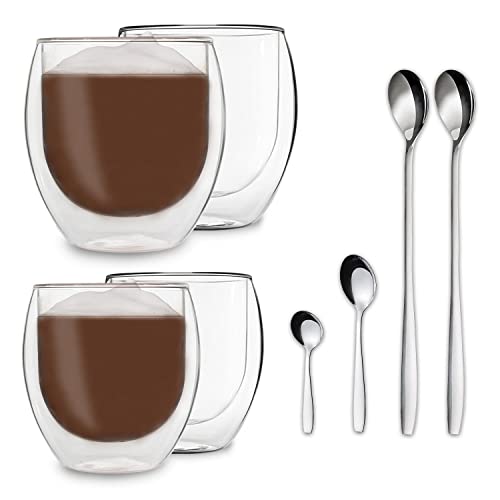 DUOS® Jumbo 4er Set Latte Macchiato Gläser Doppelwandig 2x 310ml + 2x 410ml + 4x Löffel, Doppelwandige Gläser, Latte Macchiato Löffel, Eiskaffee Gläser, Doppelwandige Kaffeegläser, Cappuccino Gläser von DUOS