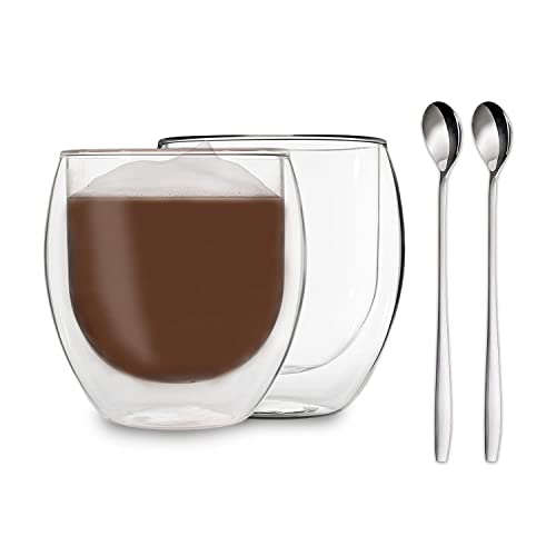 DUOS® Jumbo Latte Macchiato Gläser Doppelwandig 2x 410ml + 2x Löffel, Doppelwandige Gläser, Cappuccino Tassen, Latte Macchiato Löffel, Eiskaffee Gläser, Doppelwandige Kaffeegläser, Cappuccino Gläser von DUOS