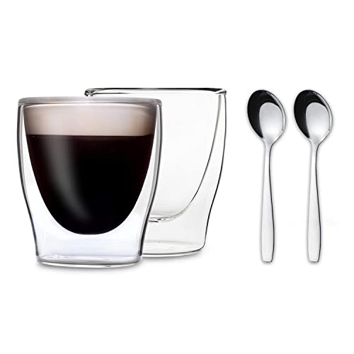 DUOS® Espressotassen Set 2x 80ml + 2x Löffel - Espresso Gläser, Espresso Tassen, Doppelwandige Gläser, Espressotasse, Espressotassen Glas, Thermogläser Doppelwandig Latte Macchiato Gläser Doppelwandig von DUOS